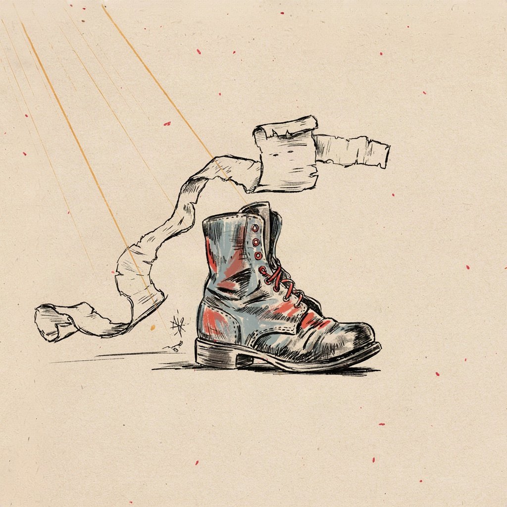 A worn foot soldier's boot standing at the very end of a long roll-call list, still laced and ready.