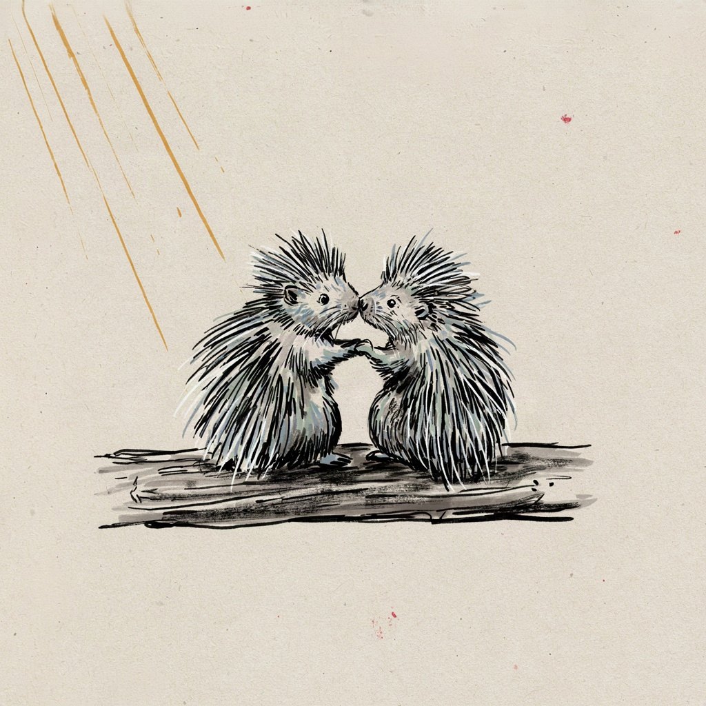 Two porcupines sit close together on a log, their quills gently flattened down instead of raised, nuzzling without being pricked, showing patience that bears with another's sharp edges in love.