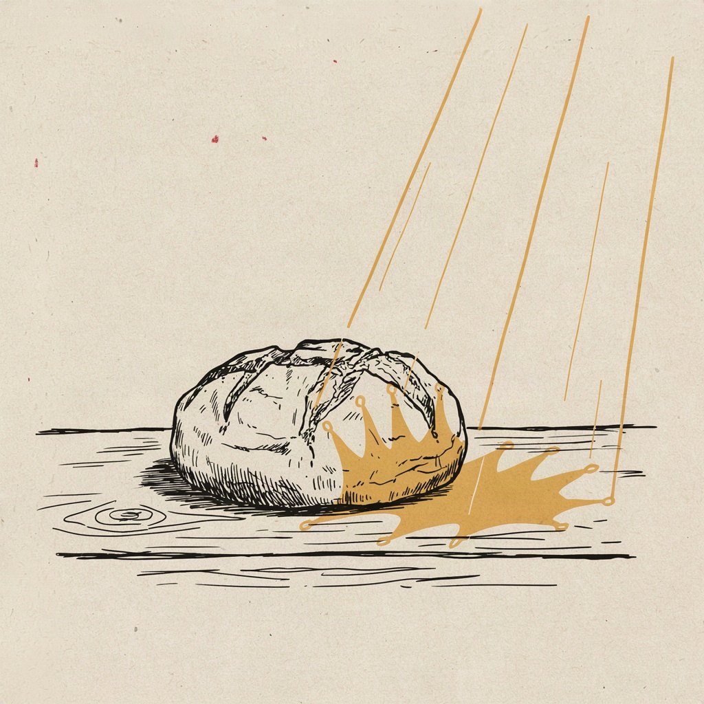 A simple loaf of bread sits on a table, but the morning light falling across it comes from a window shaped like a crown, showing that the kingdom is sought before the meal.
