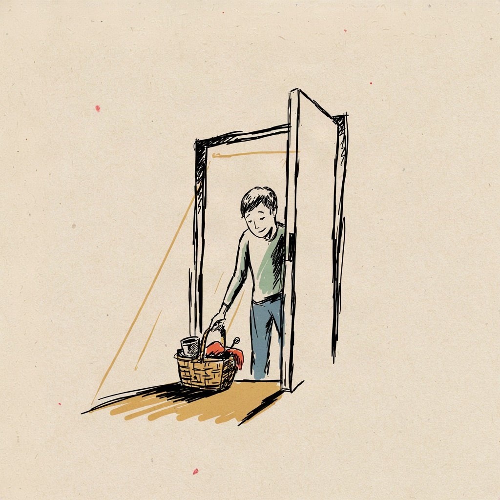 A small figure sets down a full basket at the doorstep of a large house at dawn, offering everything they carry before stepping inside.