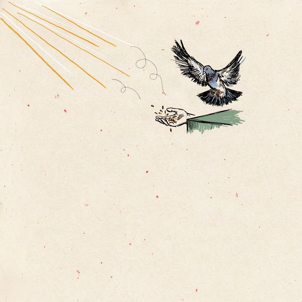 A homing pigeon circles far above a rooftop while a hand on the ground below has been patiently scattering seed and calling all along, the bird finally turning to come down.