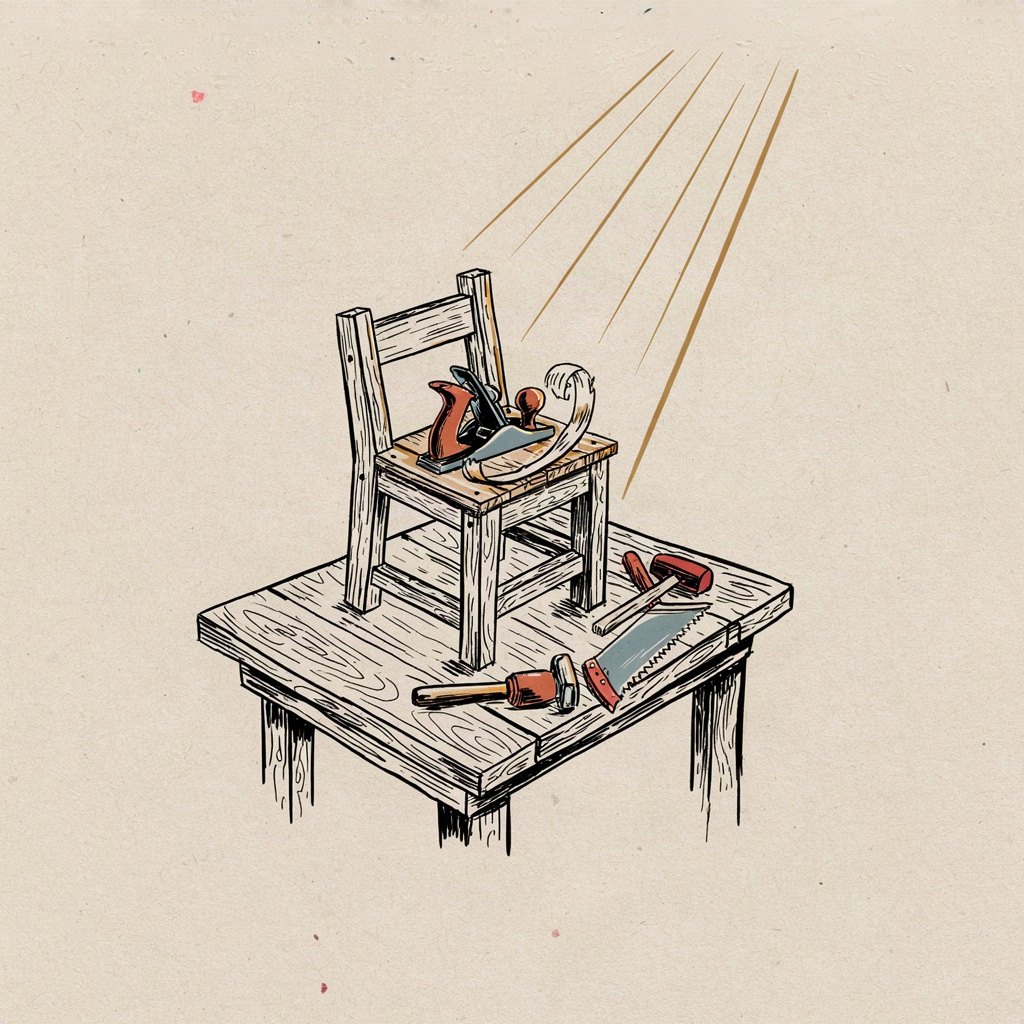 A simple wooden workbench with a half-made chair, a carpenter's plane resting mid-stroke on a curl of wood, sunlight falling across the sawdust as if the ordinary task itself is being watched over.