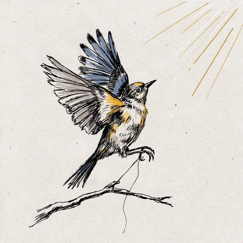 A small bird with its wings already spread wide, tethered by one thin thread to a branch, straining upward toward the open sky as if about to fly free.