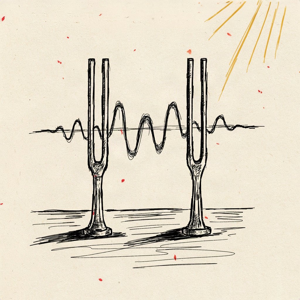 Two small tuning forks standing side by side on a table, struck so that their hum lines meet and merge into one single wave between them, showing hearts made steady and in tune with each other through devotion.