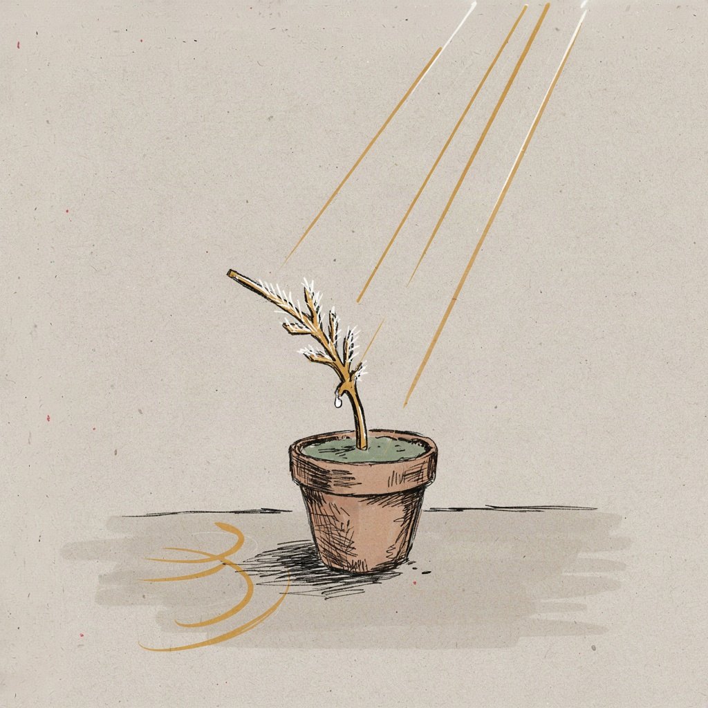 A small thermometer or weathervane on a windowsill shows a sudden frost creeping up the glass, but a warm golden south wind is just visible blowing in from the corner of the frame, melting the frost's edge.