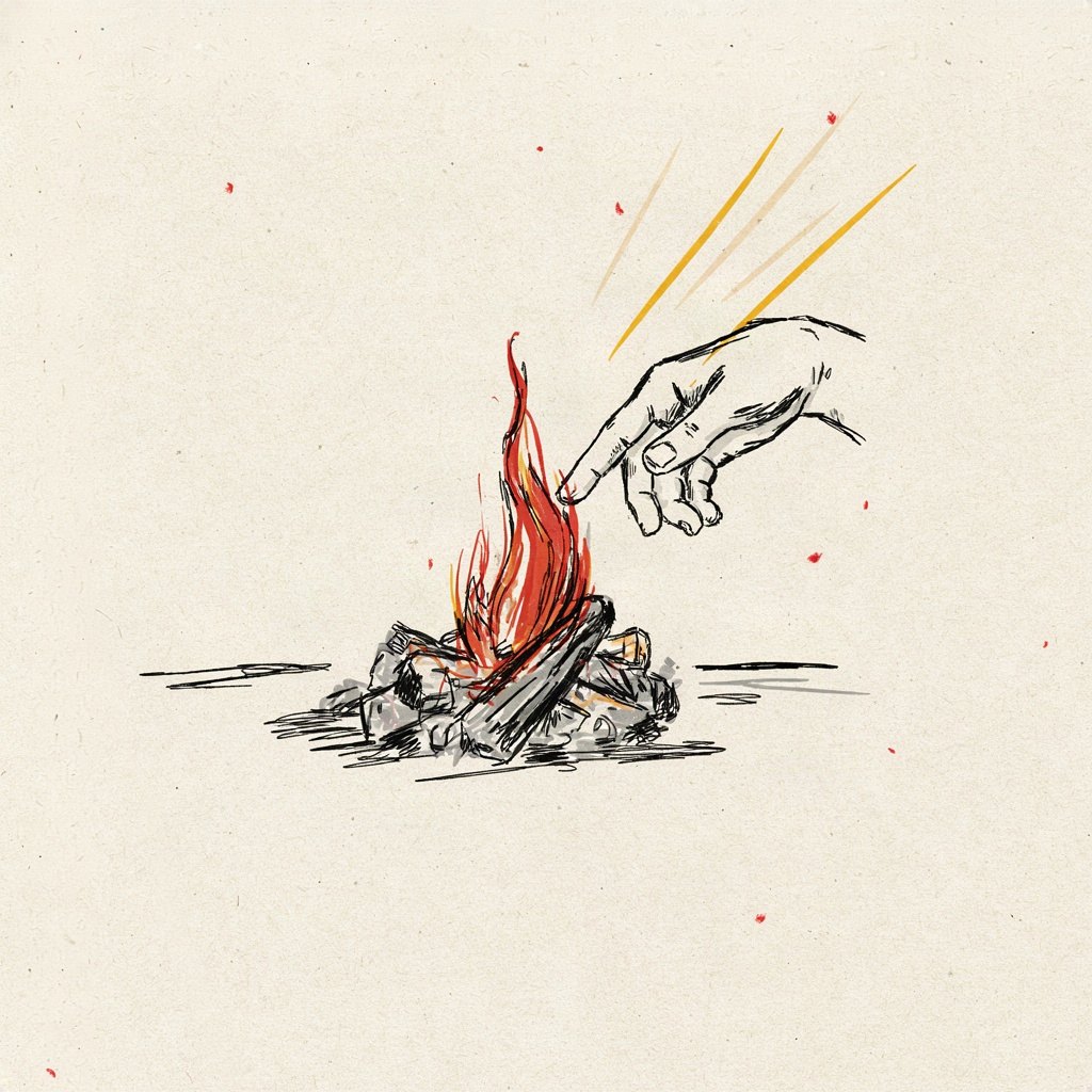 A small campfire that has burned down to a few dull embers, with a single hand reaching in from the frame edge to blow gently on it, one fresh flame just catching.
