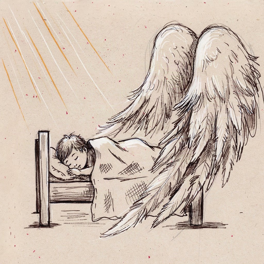 A small sleeping child in bed with one large soft wing curled protectively over the blanket, the rest of the room plain and dark.