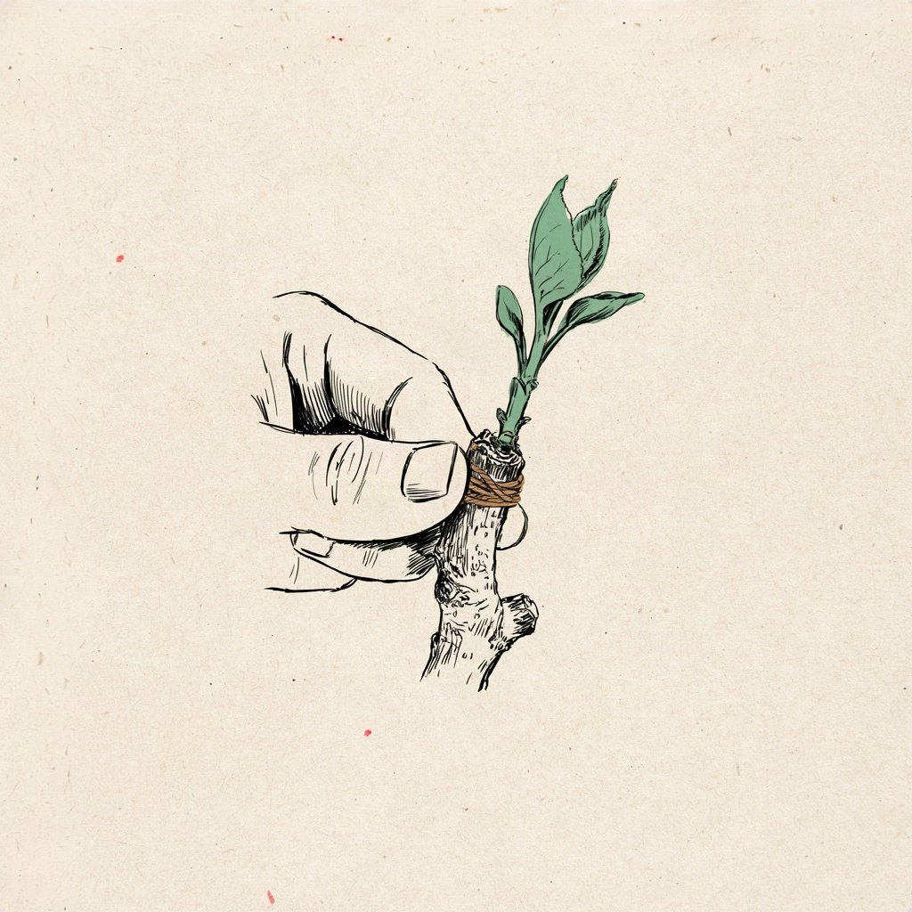 A gardener's hand binding a small green shoot onto a bare branch with twine, the graft point tender but holding.