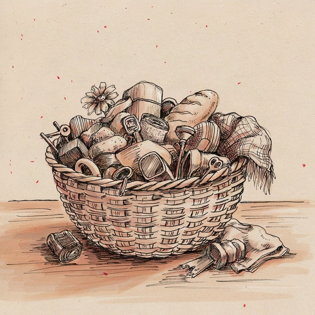 A large shallow basket overflowing with many different small things it was never asked to hold - a loaf, a key, a bandage roll, a flower - spilling gently over its woven rim onto the table, showing mercy giving more than was requested.
