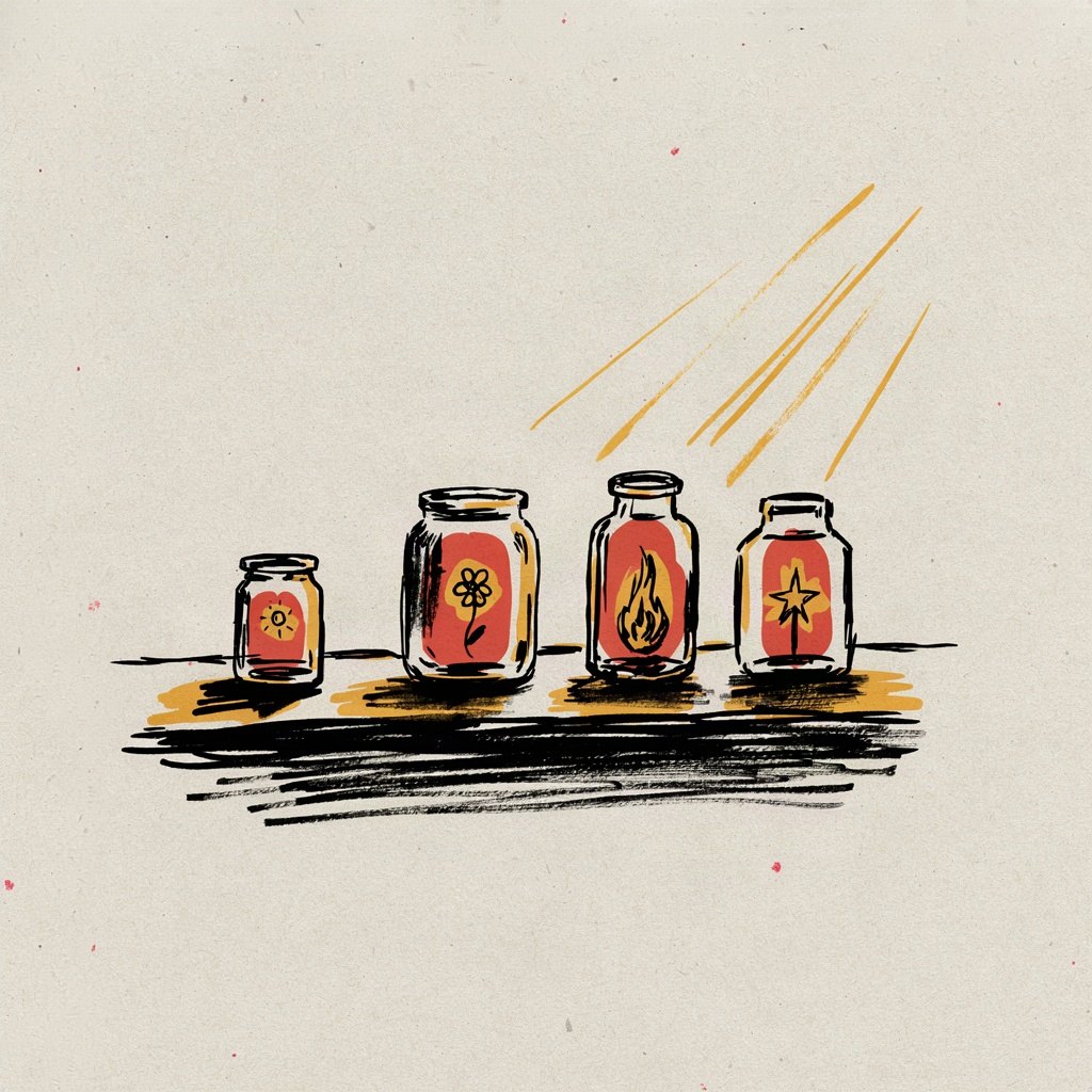 A simple tally of bright things being kept: a windowsill lined with small jars, each holding one tiny glowing thing (a sunbeam, a flower, a flame), as if someone is collecting and counting the brightness of the day.