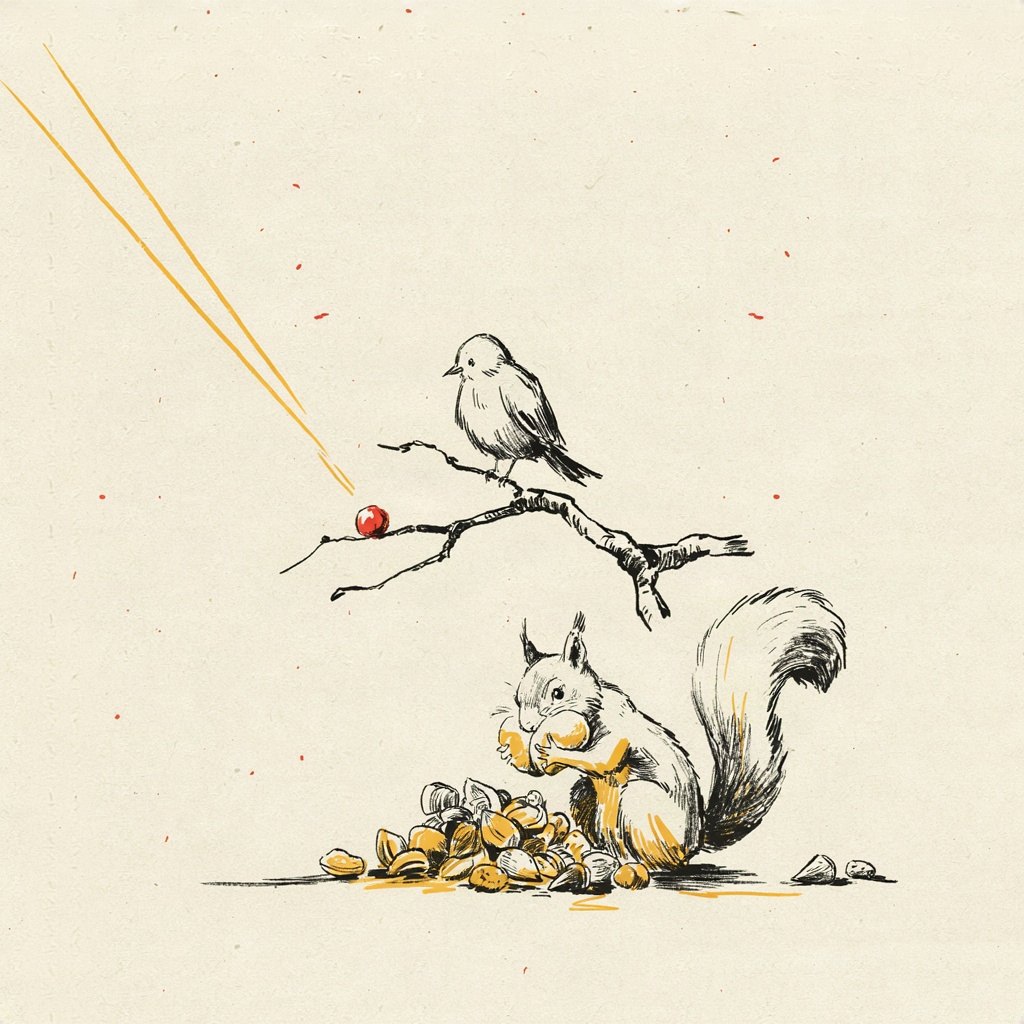 A small bird on a bare winter branch sits unbothered beside a single berry, while a squirrel below frantically stuffs its cheeks with a huge pile of nuts, showing the ease of trusting for just what's needed versus anxious hoarding.