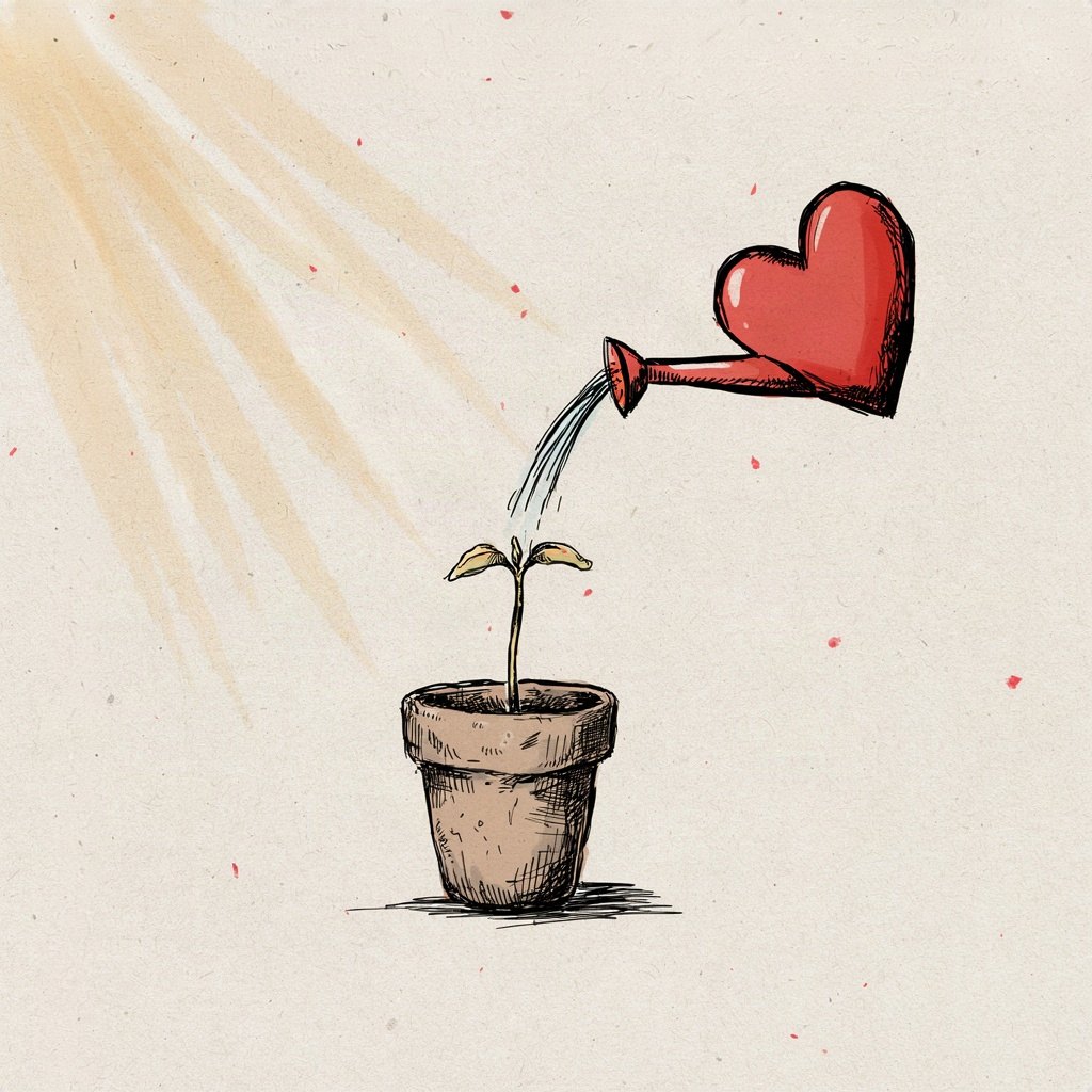 A small wilted seedling in a pot is being watered by a hand pouring from a watering can shaped like a heart, with the seedling already perking upward at the first drops.