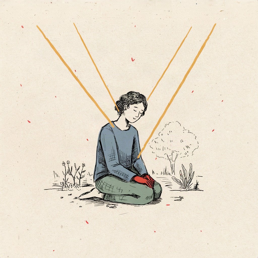 A small figure kneels in a quiet garden at first light, three soft beams of morning sun crossing gently onto them from three different points in the sky, like three sources of one warmth.