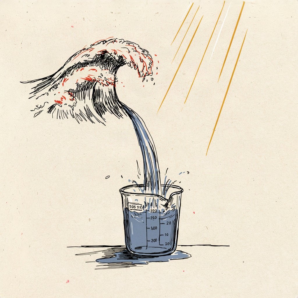 A small measuring jug is shown being filled from a vast overflowing sea pouring in from outside the frame, far too much mercy for the little jug to ever hold.
