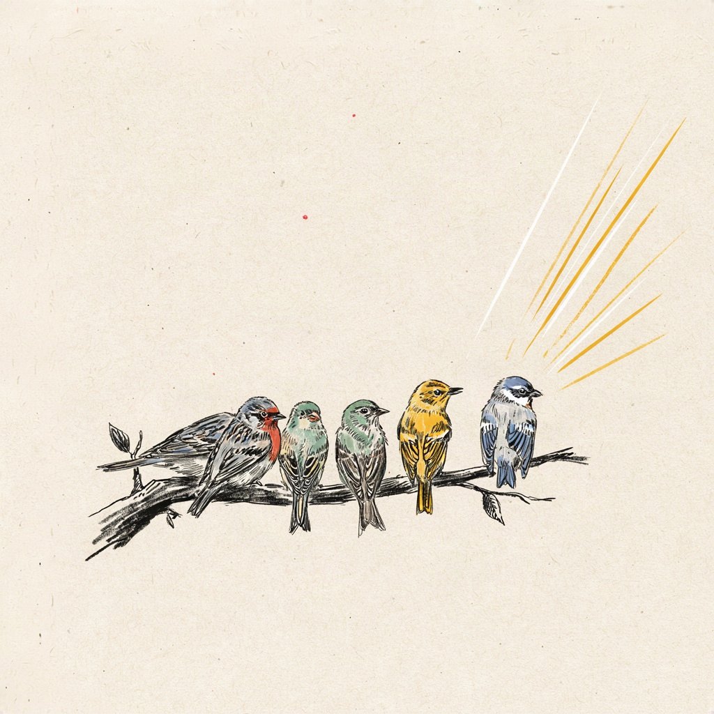 Several small birds of different kinds perched together wing-to-wing on one branch, all facing the same direction toward the light, showing many friends held in one love.