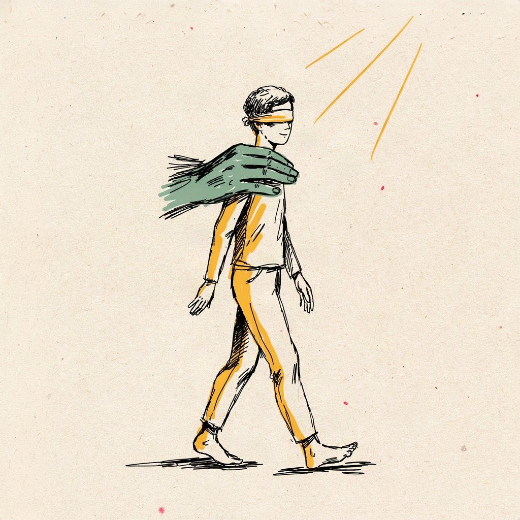 A small blindfolded figure is gently guided by a hand resting lightly on their shoulder from behind, walking toward an unseen path, trusting without seeing the way themselves.