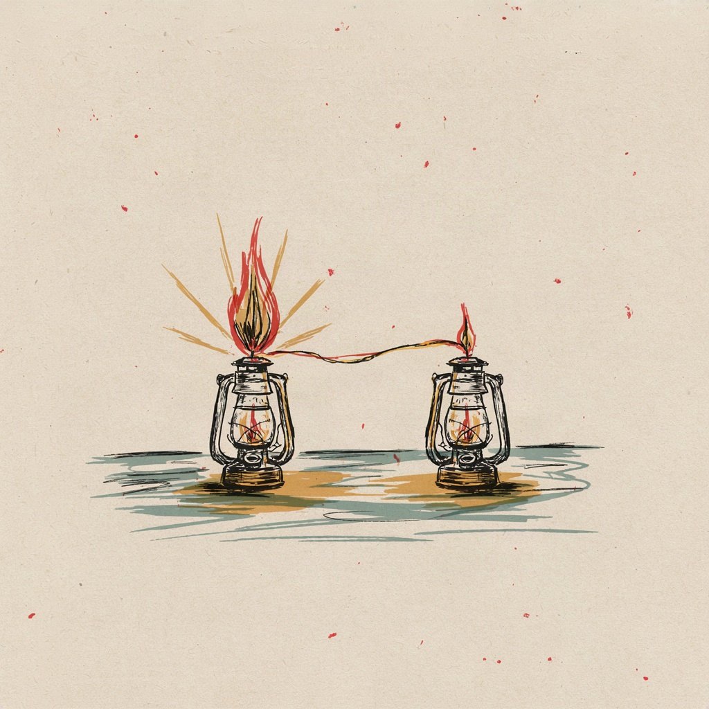A candle is handed from one small lantern to light an unlit one beside it, the flame undiminished by giving itself away, showing blessing passed on without loss to the one who gives it.