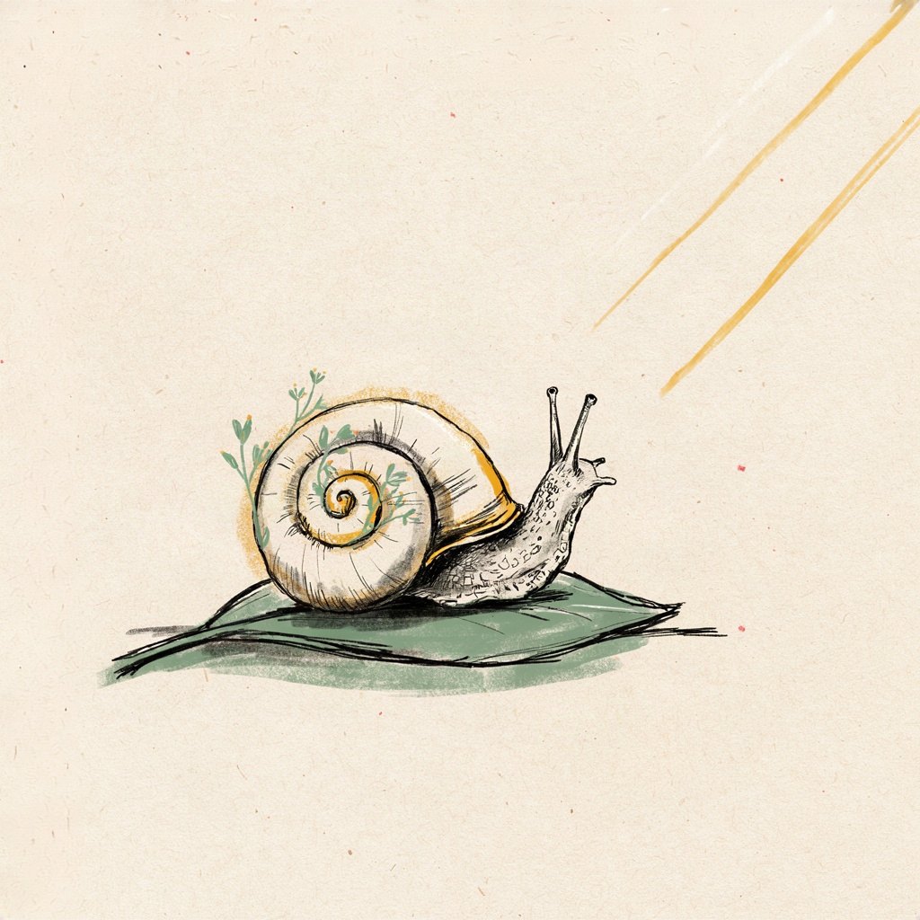 A small snail carries a helmet-shaped shell on its back, tiny sprigs of hopeful green sprouting from its rim, moving unhurried across a leaf toward morning light.