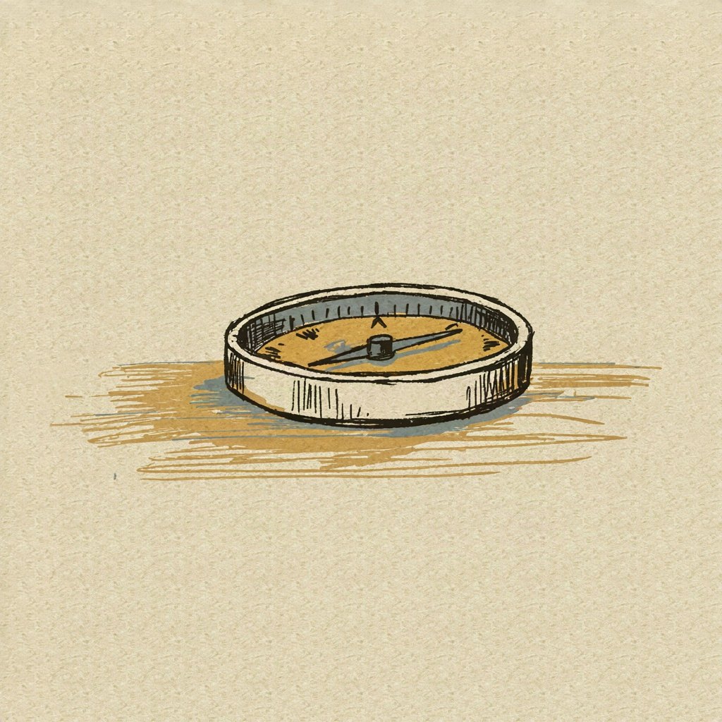 A small compass with every direction marked, resting open on a table, all points pointing equally toward the center where it is held.