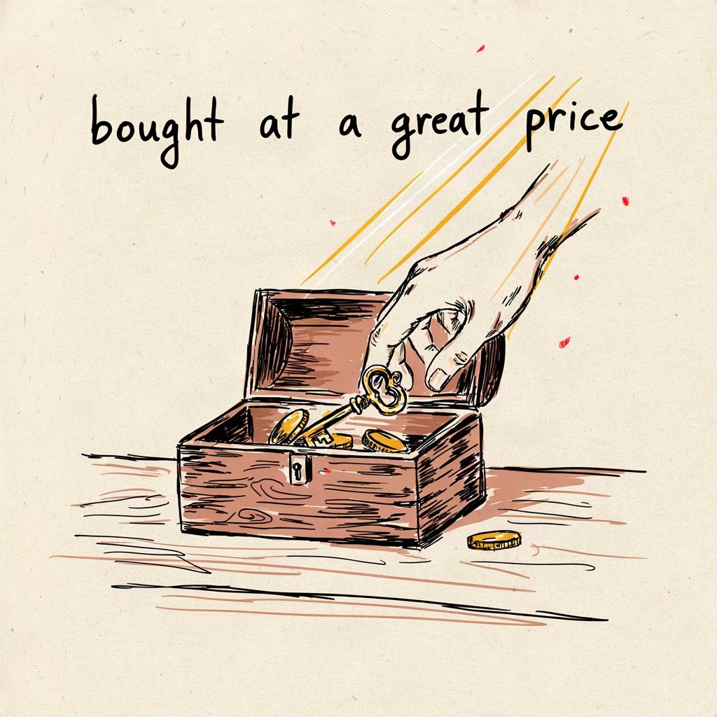 A small open treasure chest sits empty on a table, its coins and jewels already poured out and gone, while a single key still rests inside, waiting to be taken up by a tiny hand reaching in from the frame edge, with the words “bought at a great price” lettered by hand.