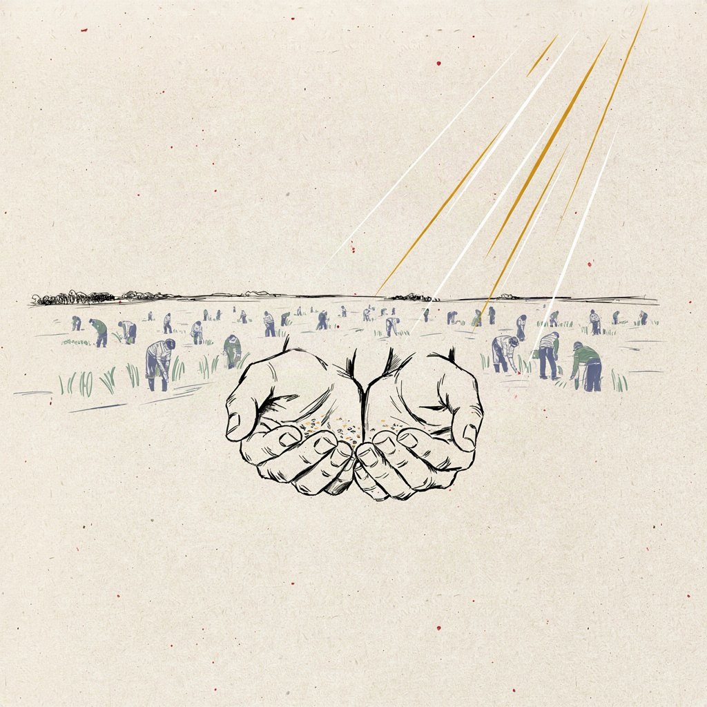 A pair of hands gently cups a handful of tiny scattered seeds from the ground, pausing to notice them, while in the distance tiny bent-over figures work a vast unharvested field.