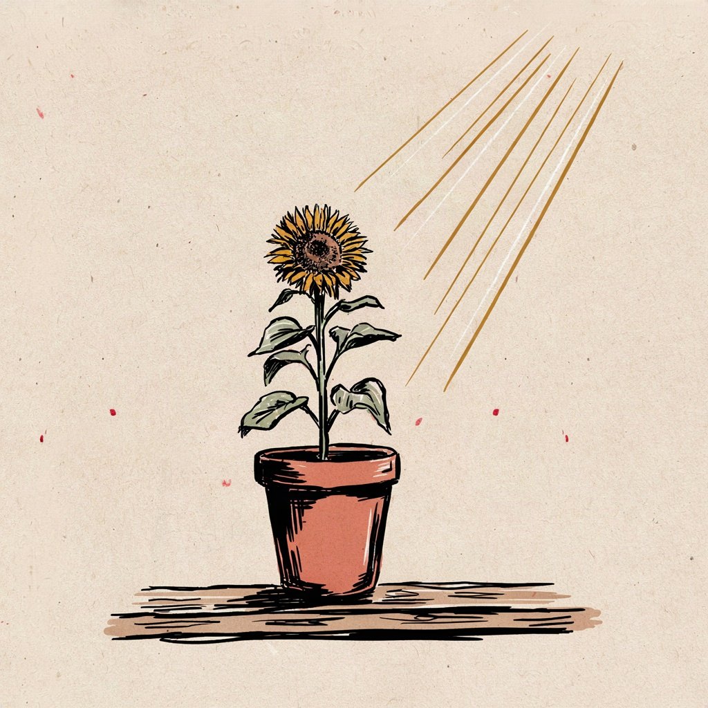 A small sunflower in a plain pot turning its whole face toward the sun, roots visible pushing toward a single buried key in the soil, showing a life seeking what matters most and trusting the rest to be given.