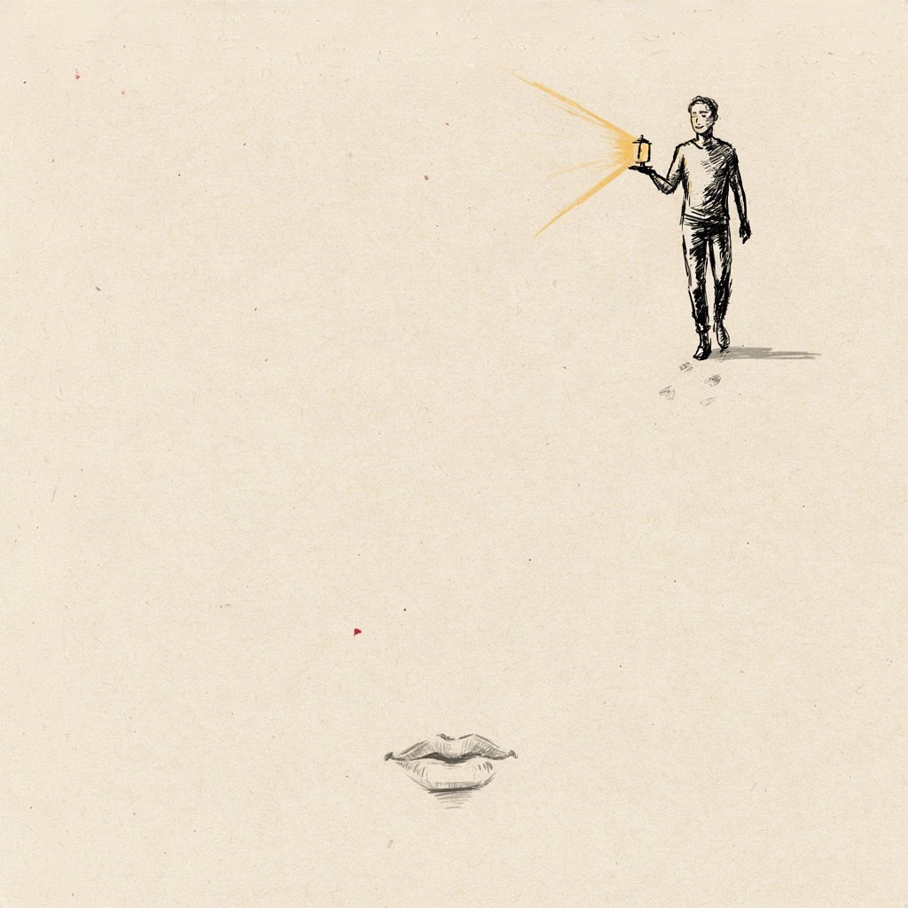 A pair of open lips drawn simply at the bottom of the page, while above them a whole small figure walks out carrying a lamp into the day, showing thanks spilling from words into a life lived.