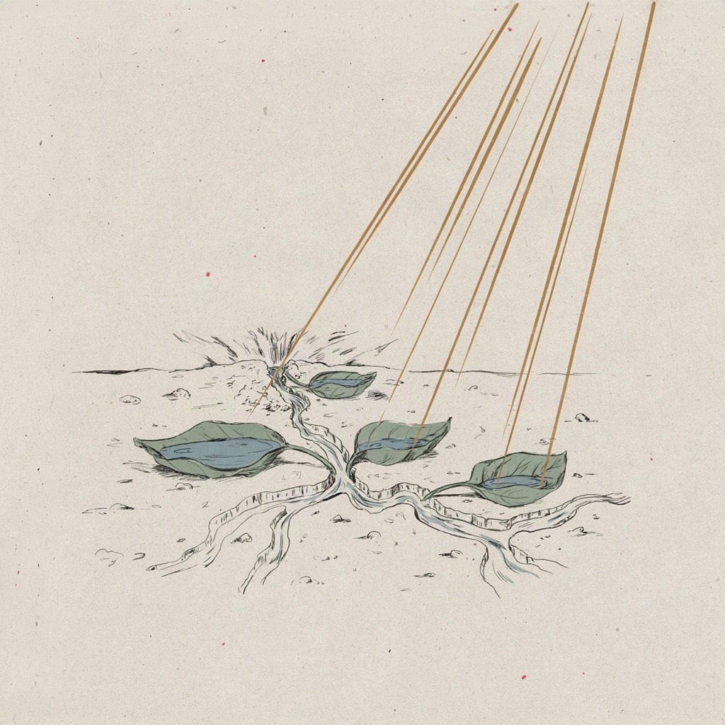 A single small spring bubbling up from the ground and branching into several little streams that water different cupped leaves nearby, showing one source of love flowing out into many distinct blessings.