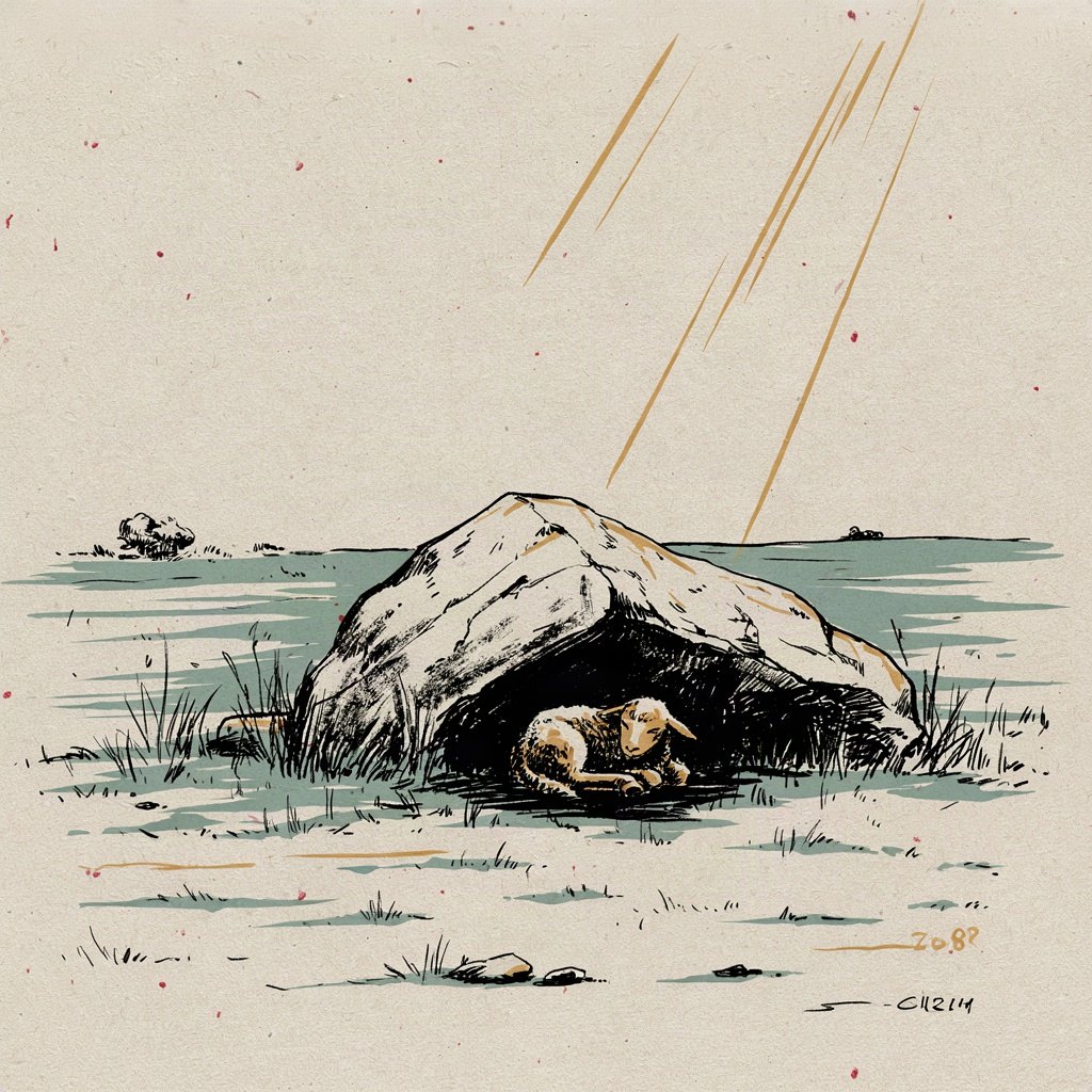 A small tired animal lies down in the deep cool shadow cast by an enormous rock in an open sunlit field, utterly at rest.