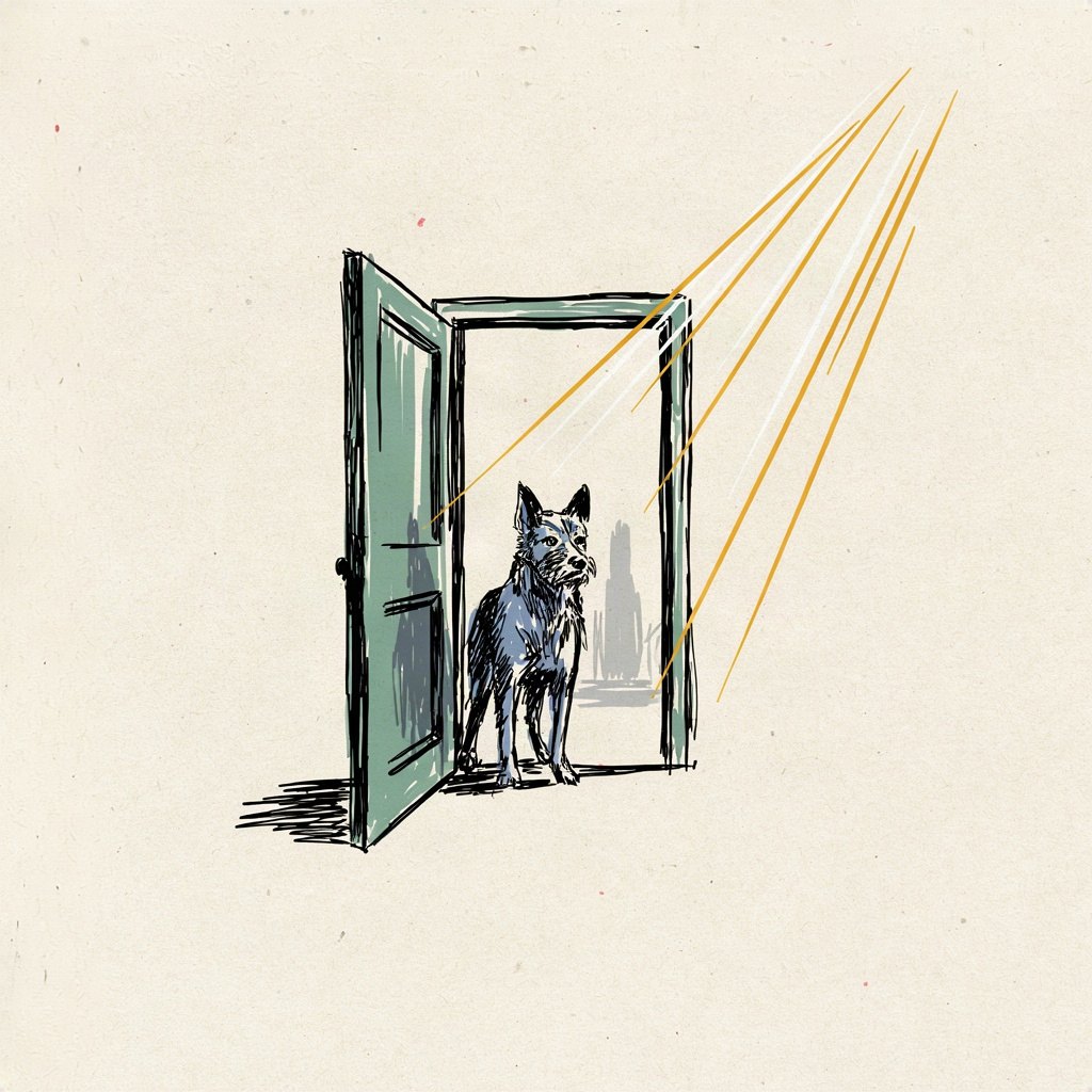 A small guard dog stands alert at a doorway, ears pricked toward a shadowy shape slinking away just outside the frame.