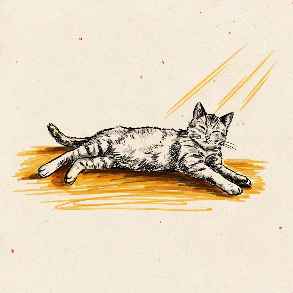 A cat stretching lazily and fully in a wide patch of morning sunlight on the floor, utterly without hurry or burden.