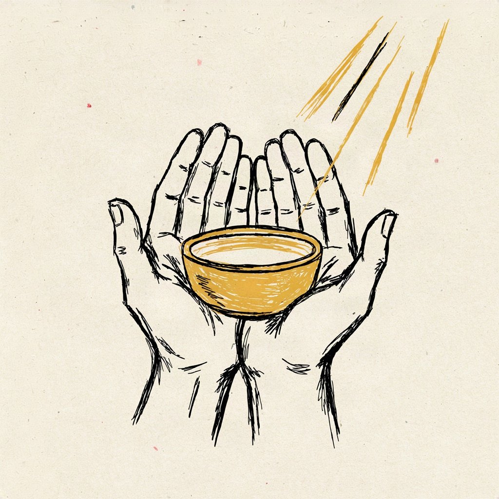 A simple clay bowl held out empty in two open hands, waiting to receive whatever is poured into it, showing surrender to whatever comes.