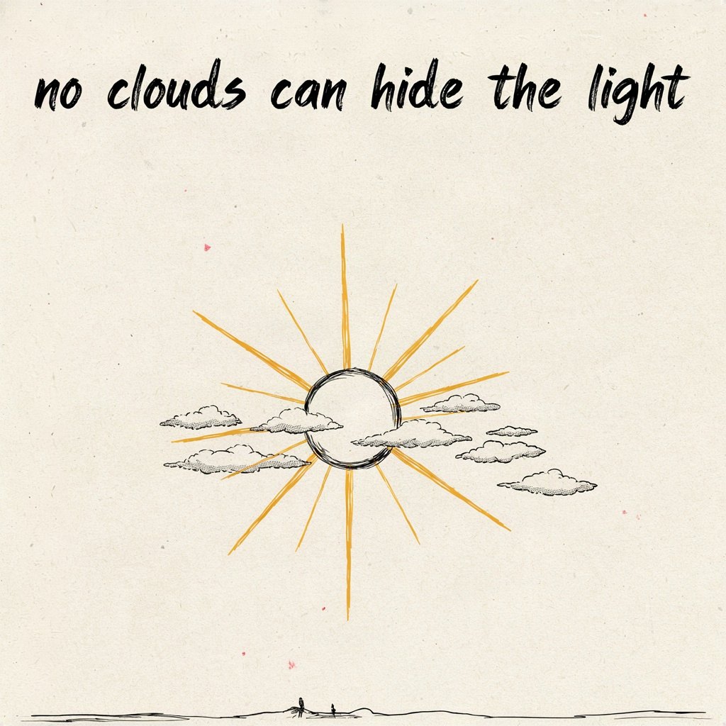 The sun sits fixed and bright above a thin scattering of clouds, its rays passing straight through the gaps undimmed, showing the light was never really hidden, with the words “no clouds can hide the light” lettered by hand.
