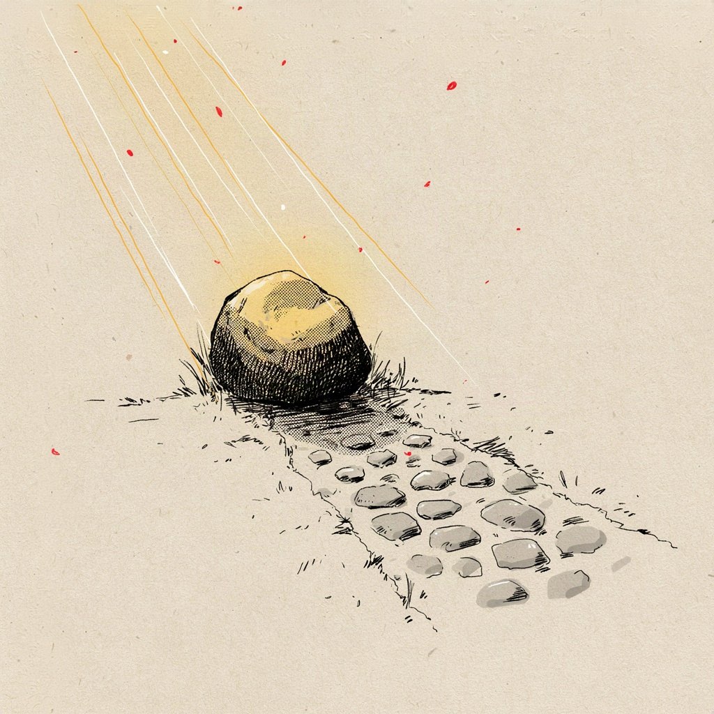 An ordinary stone is laid at the start of a path and begins glowing faintly gold, as if the simple act of starting the day's work has set it apart as holy.