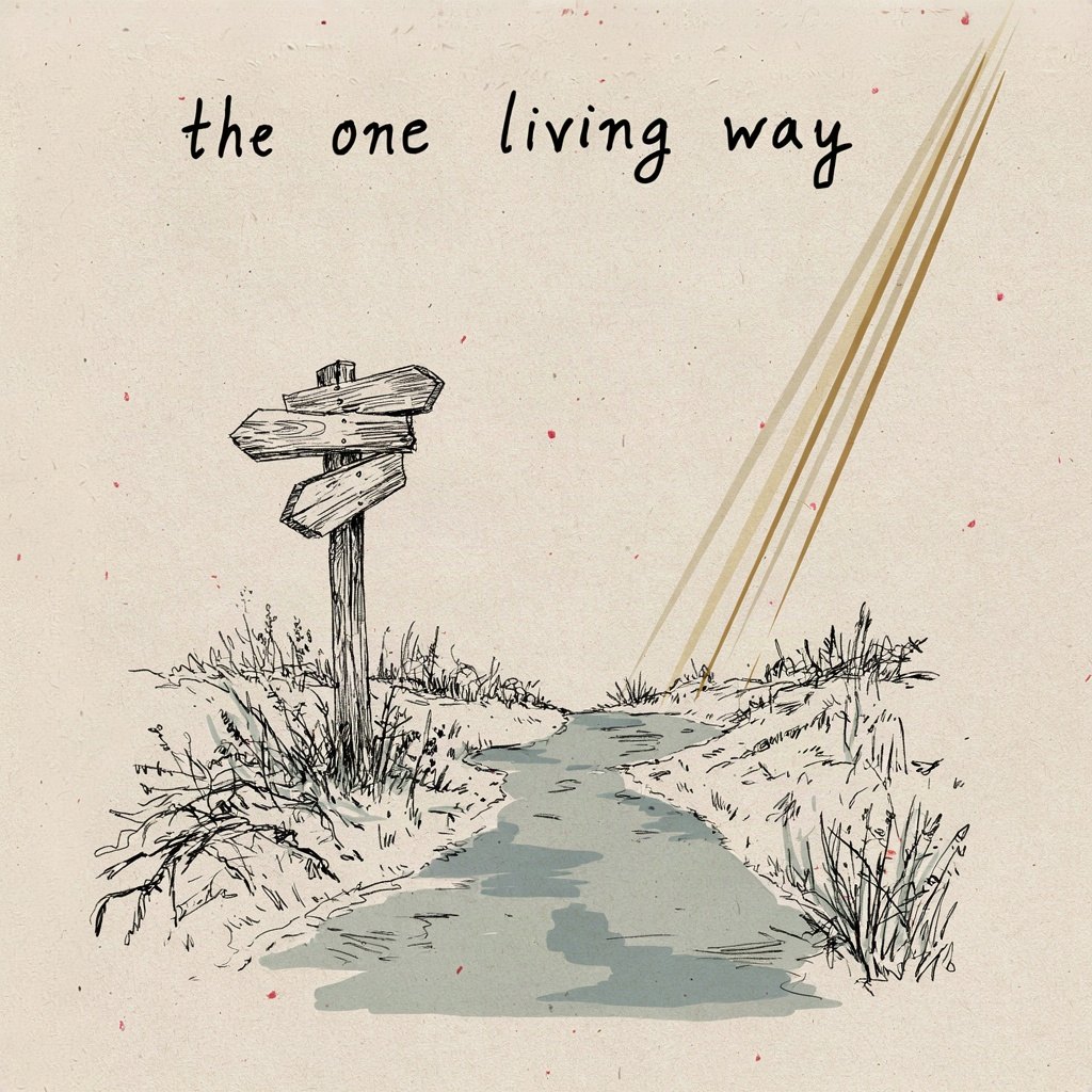 A single signpost at a crossroads shows many worn paths branching off into the undergrowth, but one path is freshly swept clean and clear, leading straight ahead, with the words “the one living way” lettered by hand.