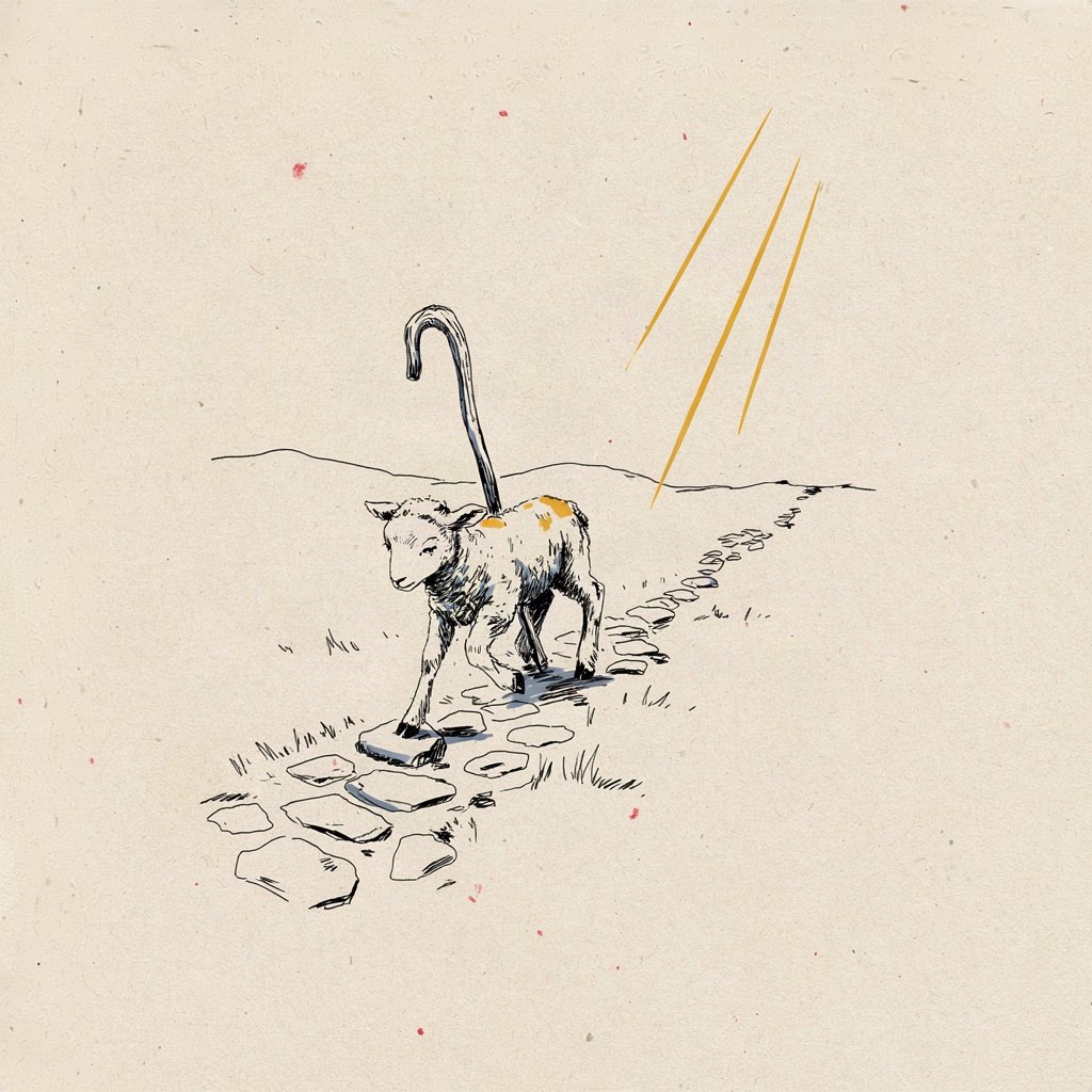 A small lamb walks a rough, rocky path under a shepherd's crook reaching into frame to steady it over a wobbling stone, showing being led safely through a hard road.