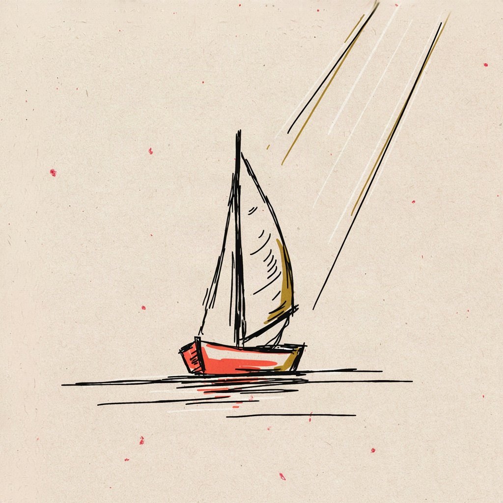 A single empty sail on a small boat, drawn slack and waiting, with a few lines suggesting wind just beginning to fill it from one side.
