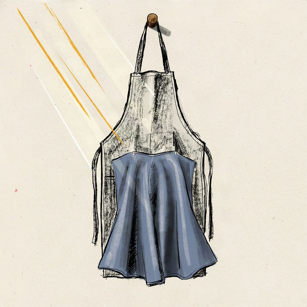 A plain work apron hangs on a hook, and where the morning light falls across it, the rough fabric turns smooth and glowing like woven silk, showing ordinary busyness transfigured into Christlike goodness.