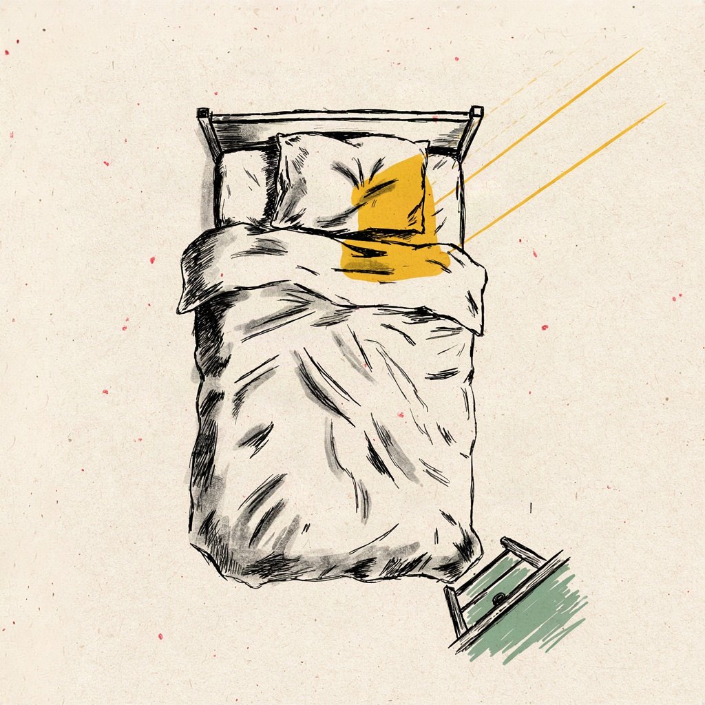 A rumpled bed shown from above at dawn, sheets still holding the shape of a sleeping body, while a small square of sunlight from the window has moved to land gently on the empty pillow, suggesting rest completed and a fresh day given.