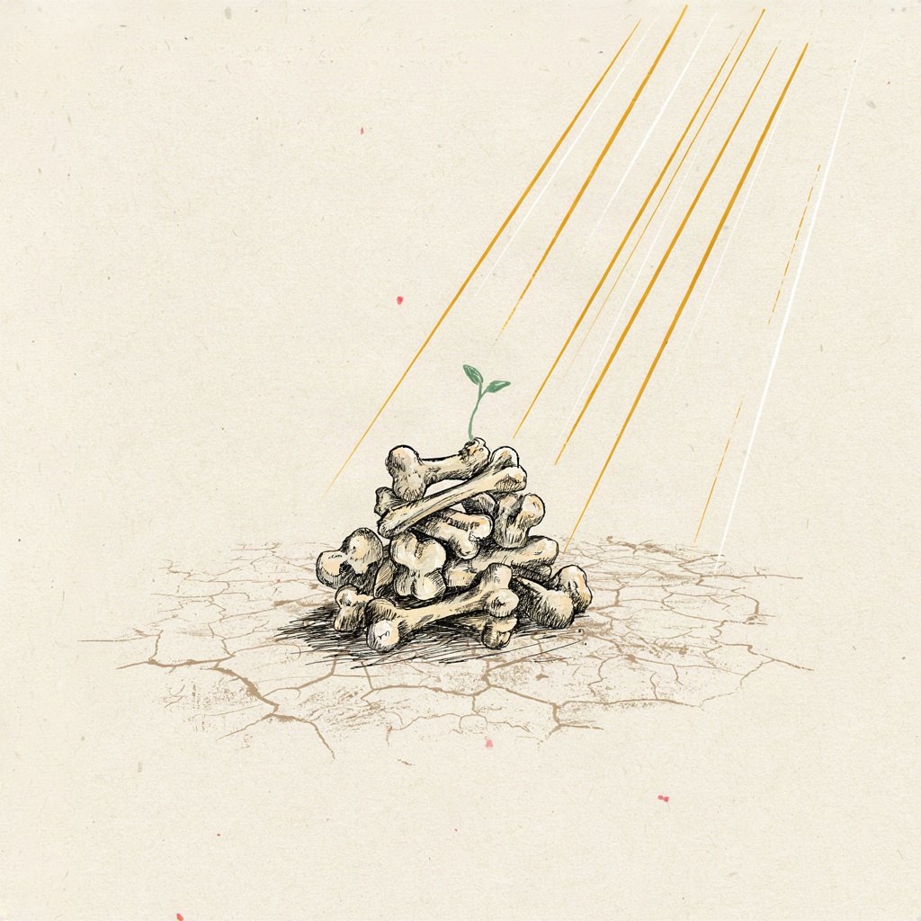 A scattering of dry bones on bare ground with one small green shoot pushing up between them, called back to life.