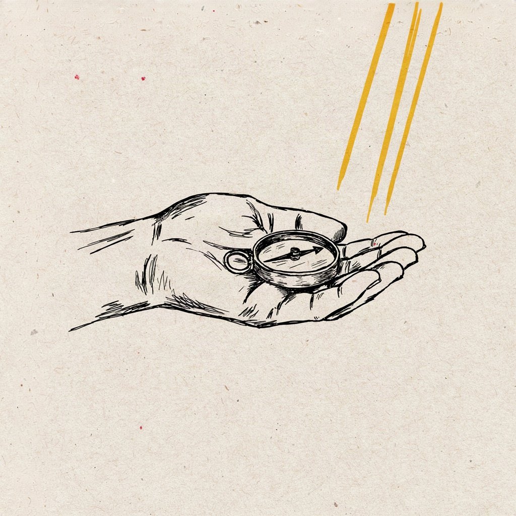 A single compass resting on an open palm, needle pointing steady toward one direction, drawn simply to show guidance sought and received.