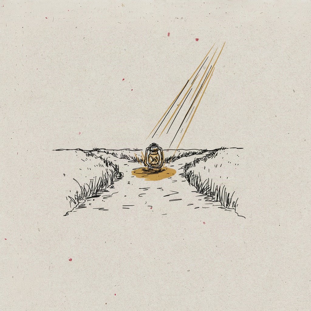 A single lantern sits at a fork in a dirt road, its glow illuminating only the right-hand path ahead.