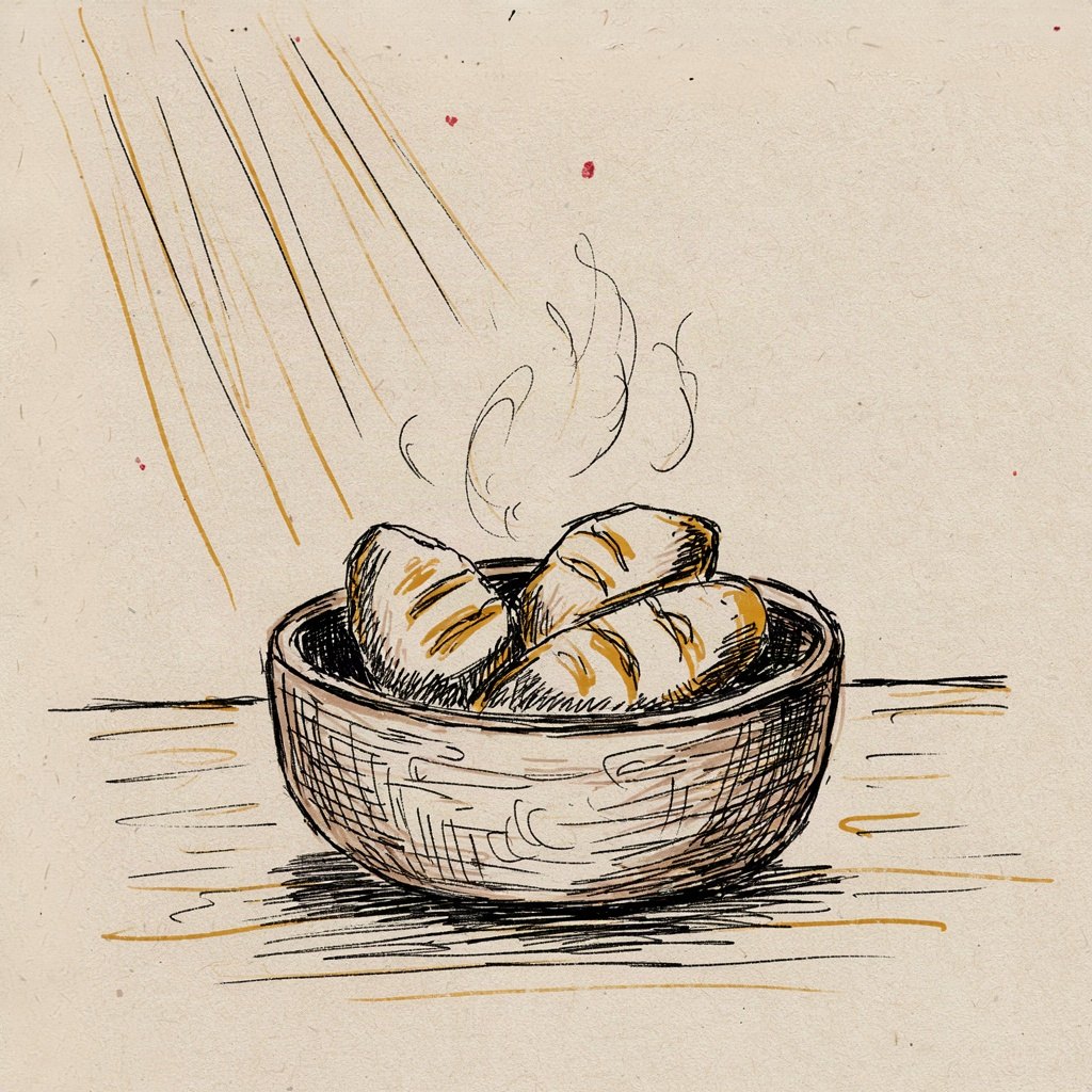 A simple wooden bowl filled with just enough bread for the day, steam curling up in the morning light.