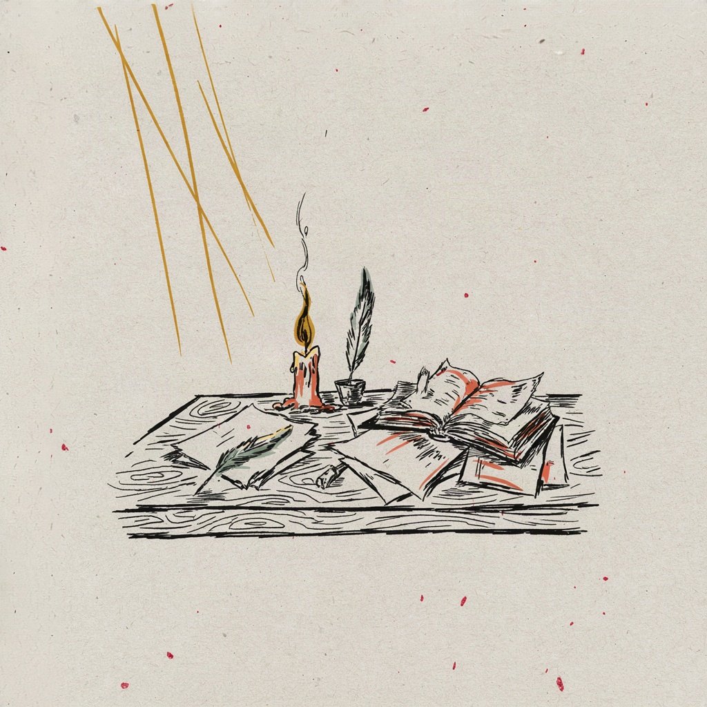 A single candle burning steadily on a cluttered desk full of scattered papers, the small flame the only point of calm focus.