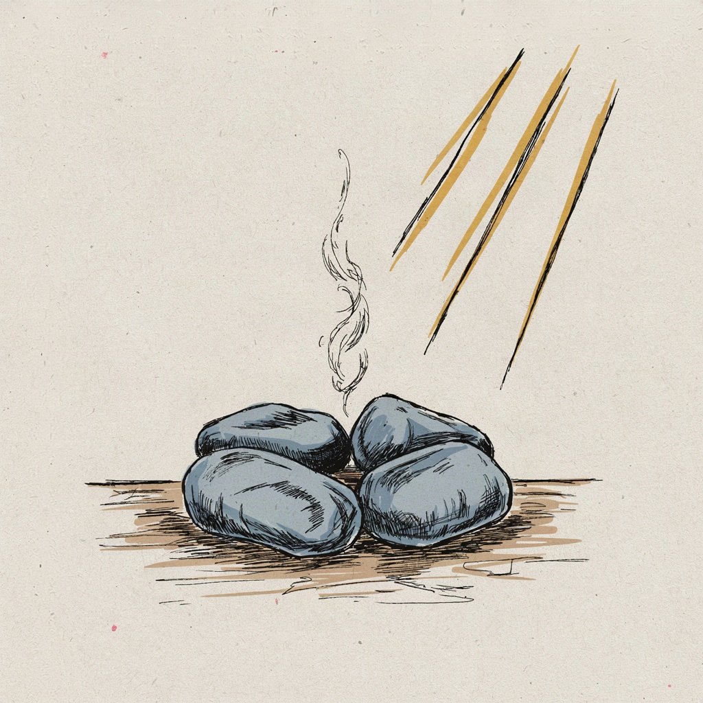 Three small stones placed close together in a circle on a tabletop, a single thread of smoke rising up from the middle where they meet, showing shared prayer lifting as one.