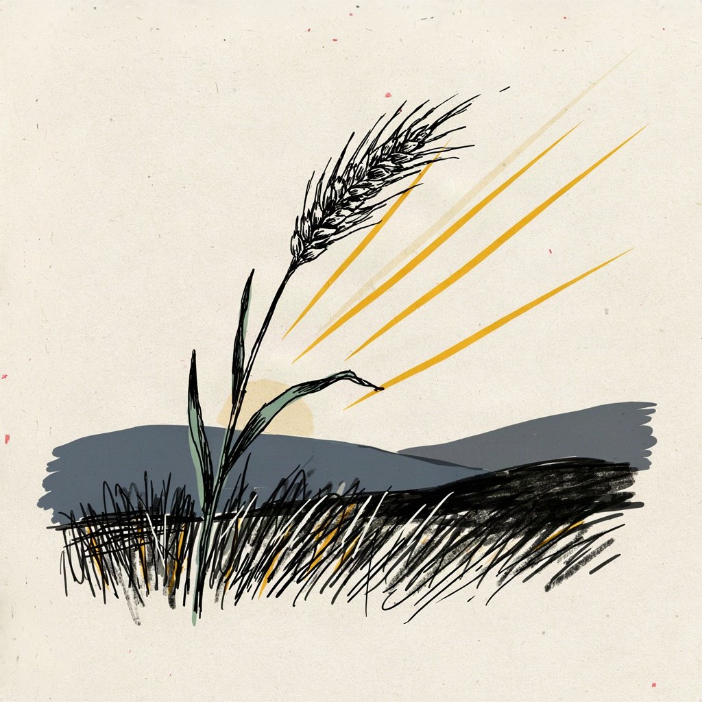 A single stalk of wheat on a dark hillside, bending toward a thin band of dawn light at the horizon though the sun itself is still hidden below it.