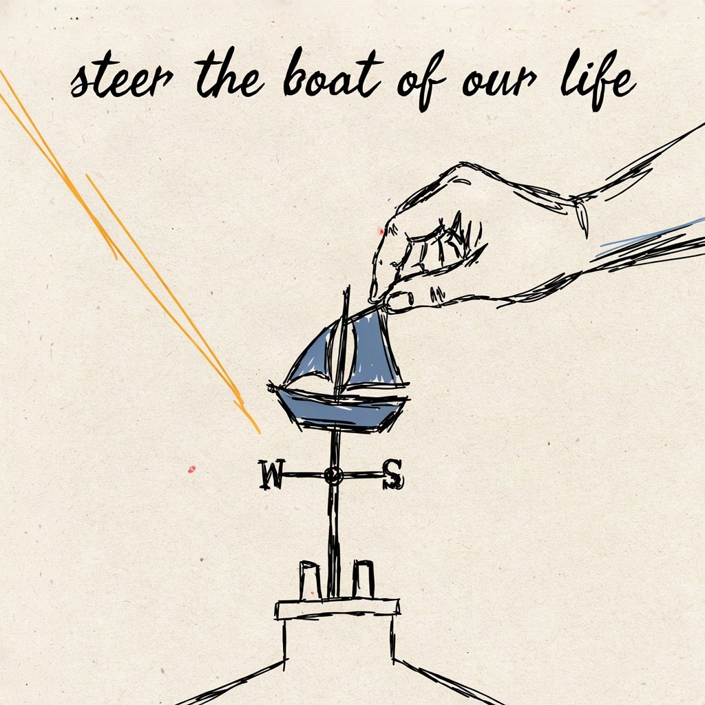 A weathervane shaped like a small boat swings loosely in the wind atop a rooftop, while a gentle unseen hand reaches down to hold it steady pointing one true direction, with the words “steer the boat of our life” lettered by hand.