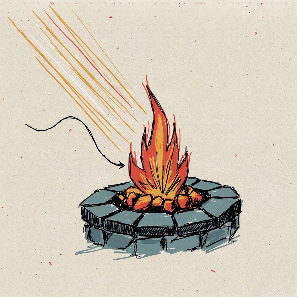 A small banked fire in a hearth, its coals glowing quietly, with one breath drawn as a soft curling line stirring it into a fuller flame.
