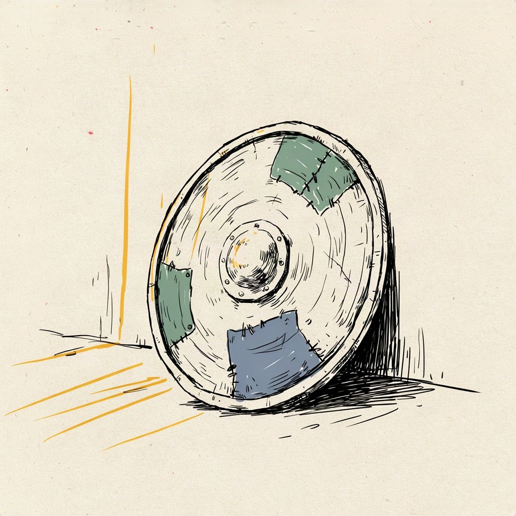 A small soldier's shield leaning against a wall overnight, dented but mended with simple stitched patches, standing ready again at dawn.