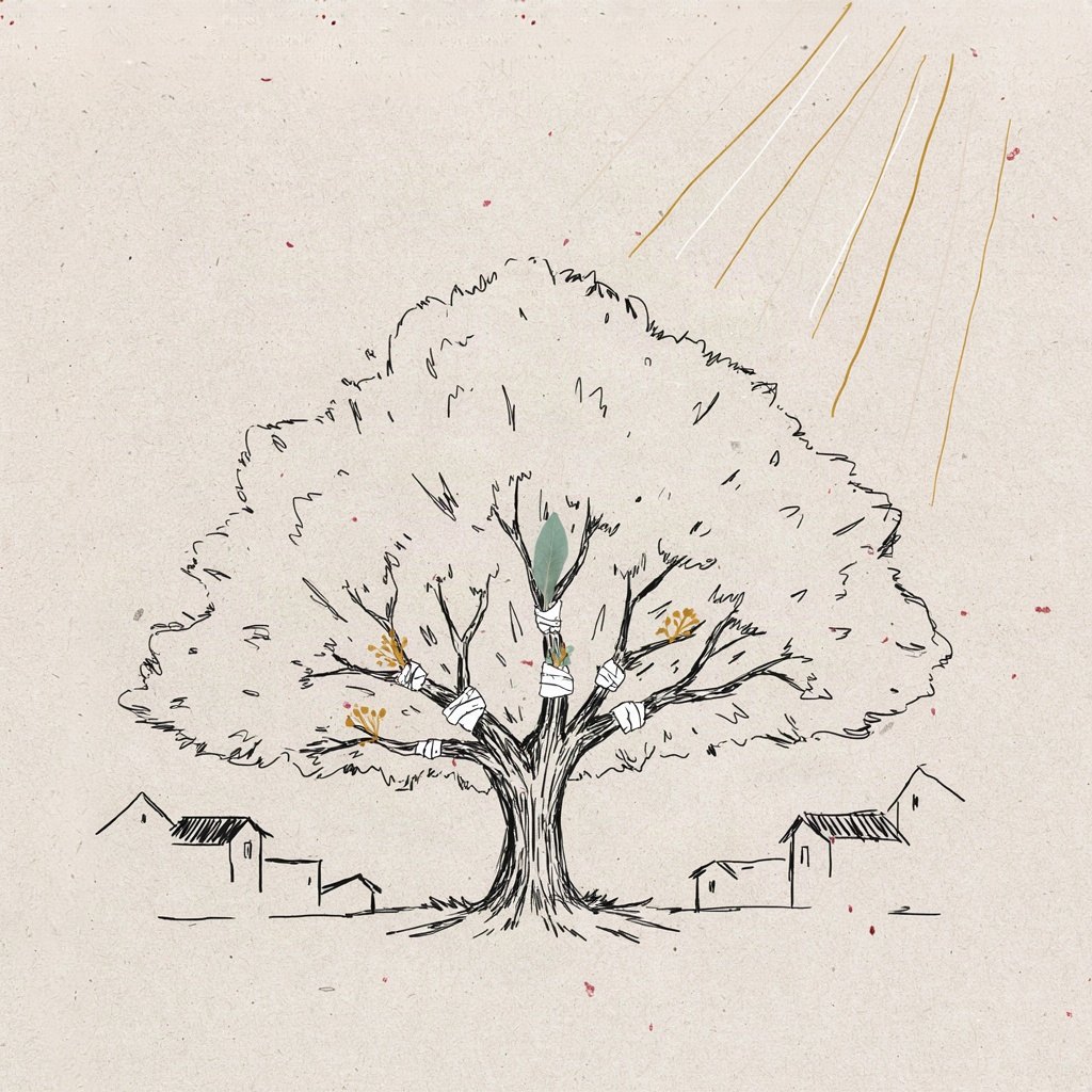 A single tree in a village clearing with many small bandaged branches, each wrapped wound sprouting a fresh green leaf, showing healing spreading through a whole community at once.